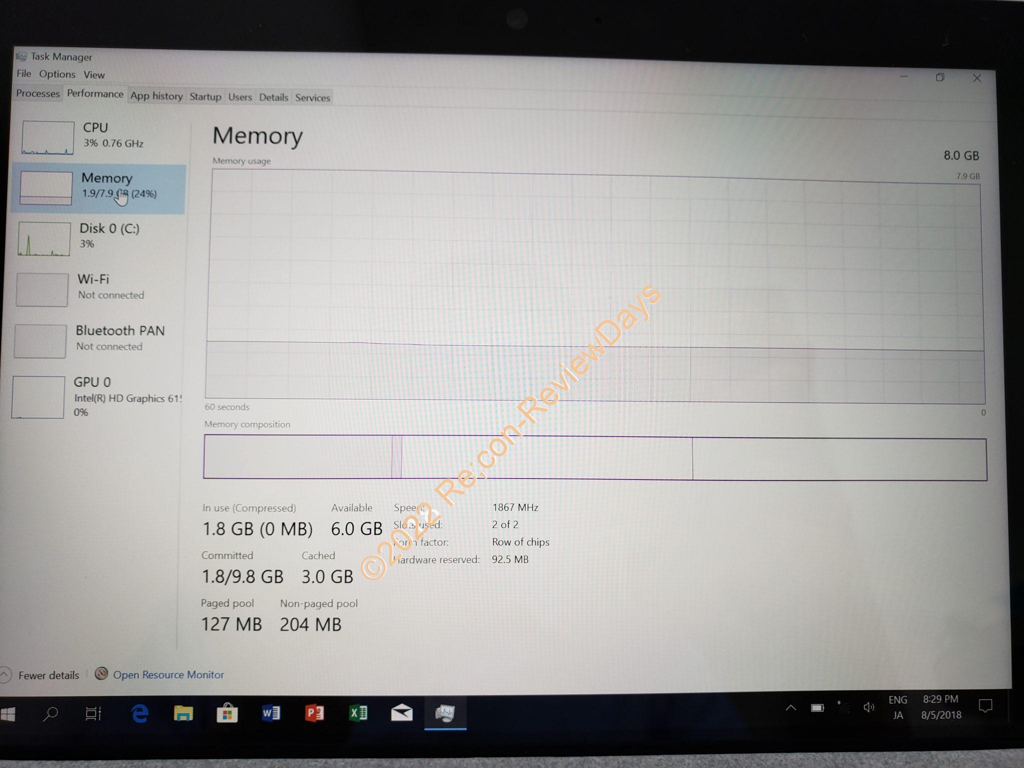 Microsoft Surface Goの8GB RAM、128GB SSD版に搭載されているメモリ 