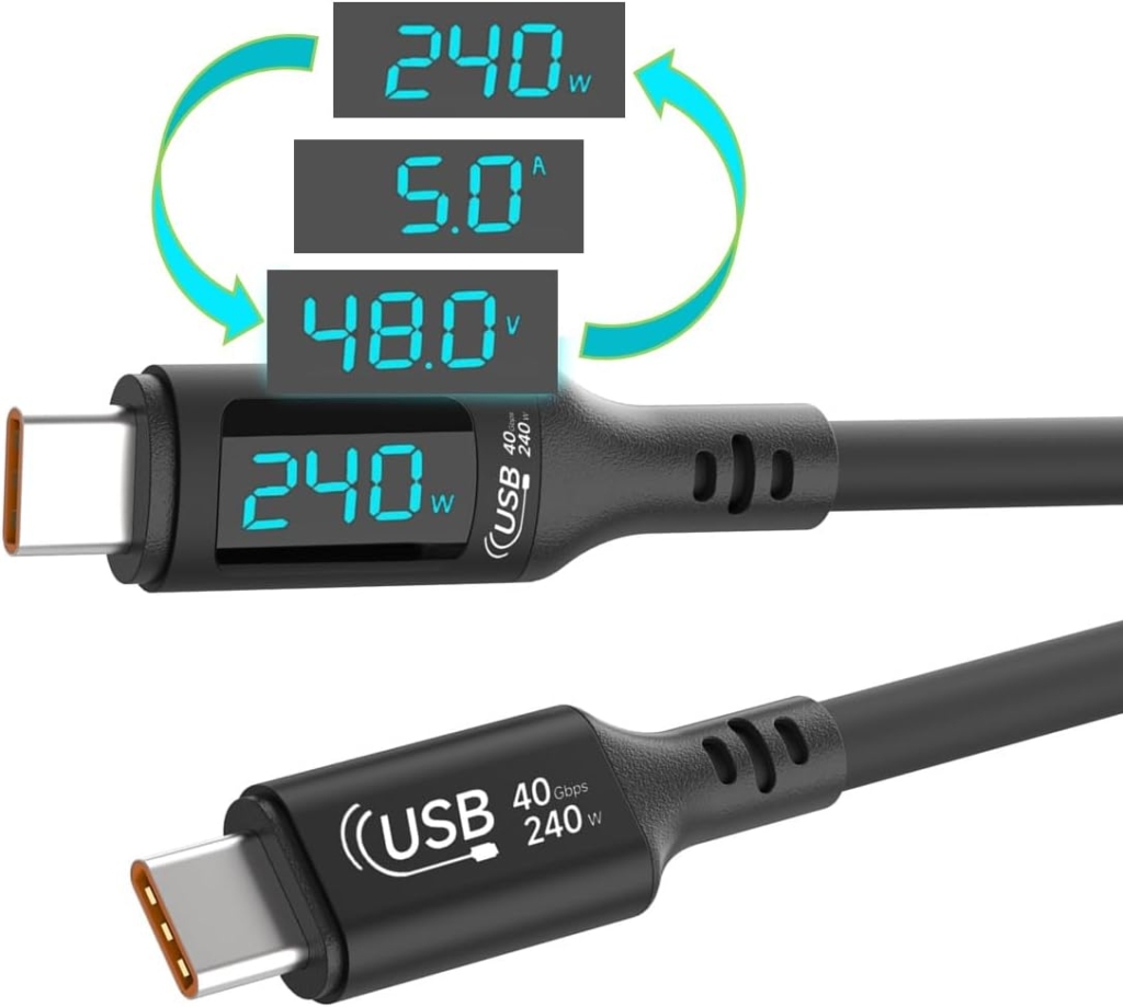 USB 4(40Gbps)、USB PD 240W対応の電圧、電流、ワット数表示機能付きType-C to Type-C 1mケーブルが880円で販売中
